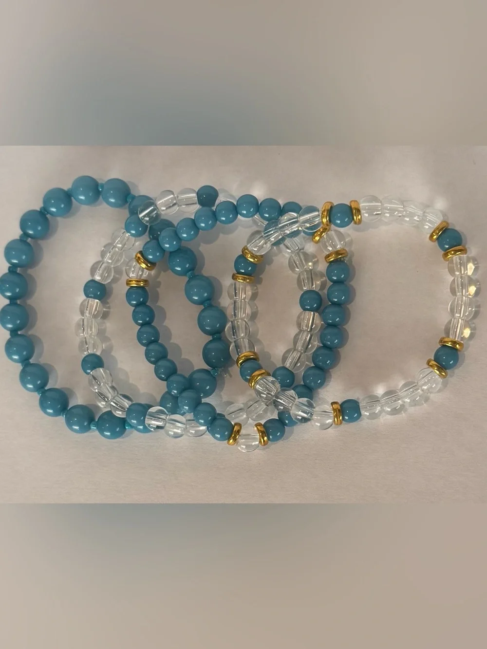 Blue Beaded Stretch Bracelet Set of 4 with Gold Accents